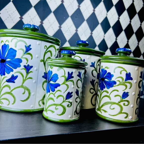 Metlox Poppytrail Blue Floral Canister Set, Green Lids, 4pc Vintage Very Large - Picture 11 of 17